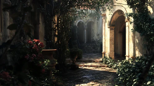 Sunlit stone courtyard with arches and overgrown vines.
