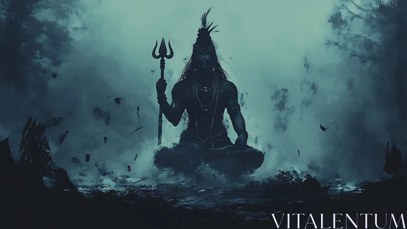 Silhouetted meditative warrior with trident amid ethereal mist