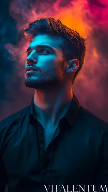 Moody neon portrait captures a man in vivid colored smoke
