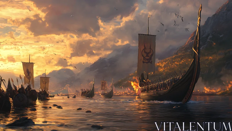 Viking longships advancing toward burning fjord settlement at dusk