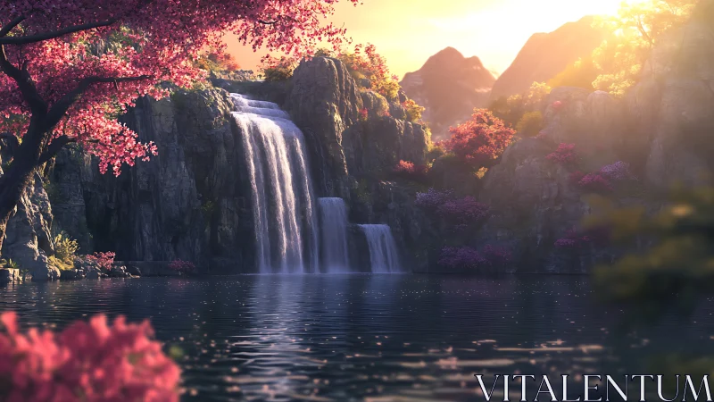 Digital painting of sunlit cherry falls in tranquil valley.