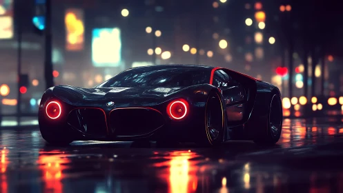 Futuristic BMW sports car on wet city street at night.