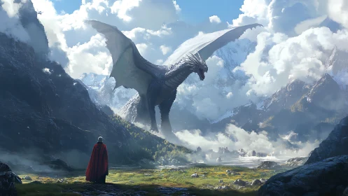 Skyborn dragon greets lone wanderer in vast alpine valley.