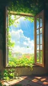 Open wooden window with vines overlooking sunny village.