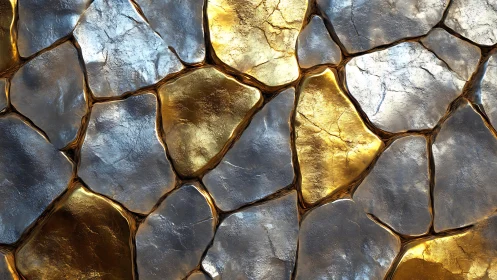 Abstract metallic stone pattern with gold and silver highlights.