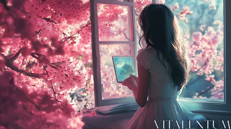 Girl at open window studies tablet amid luminous cherry bloom