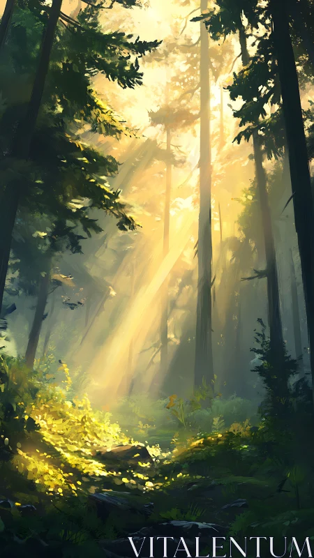 Volumetric Godrays Through Coniferous Forest Canopy at Golden Hour