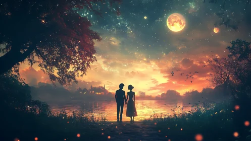 Two figures silhouetted against luminous sunset with multiple celestial bodies and layered atmospher