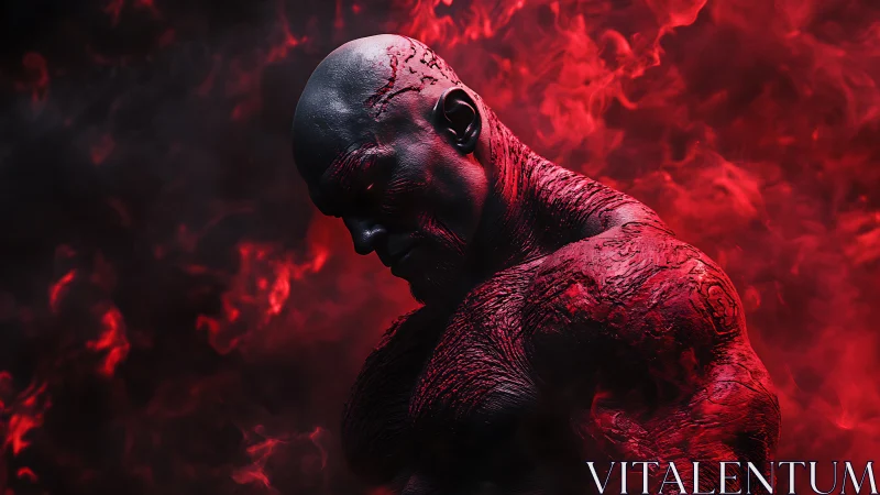 Red-skinned muscular figure broods within swirling crimson smoke.
