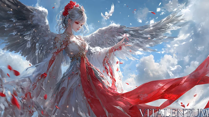 Winged celestial maiden rises amid drifting red petals