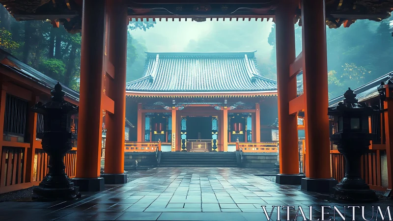 Misty Shinto shrine courtyard under cool cyan temple roof.