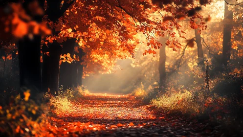 Golden Woodland Path: Autumn Forest Canopy with Luminous Foliage.