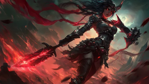 Demon queen warrior with flaming blade in storm sky.