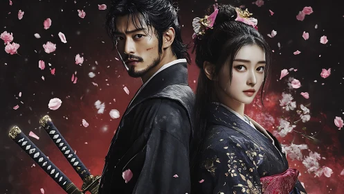 Dual portrait of samurai swordsman and kimono-clad woman