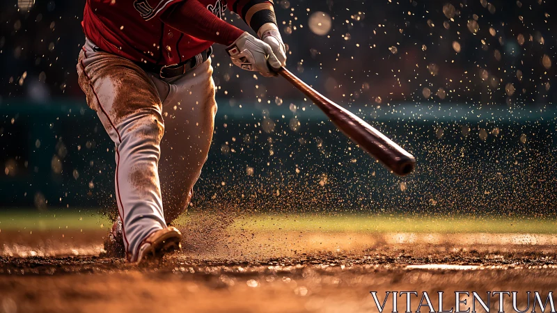 Baseball batter in mid-swing with dirt and particles suspended.