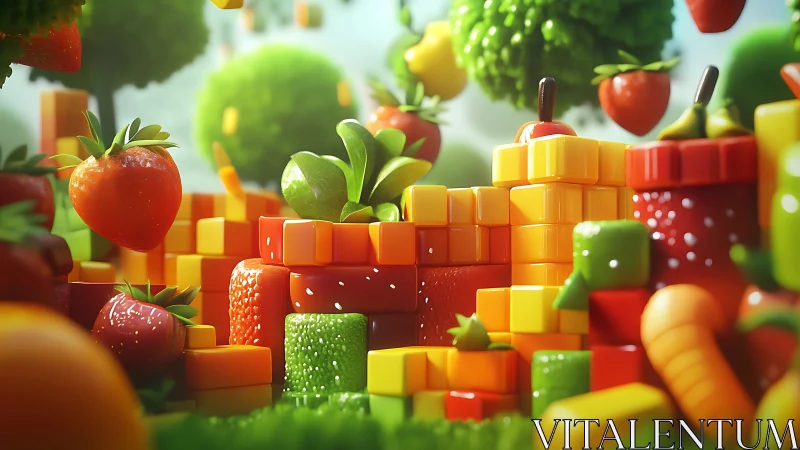Colorful cubic landscape with fruit and vegetable forms.