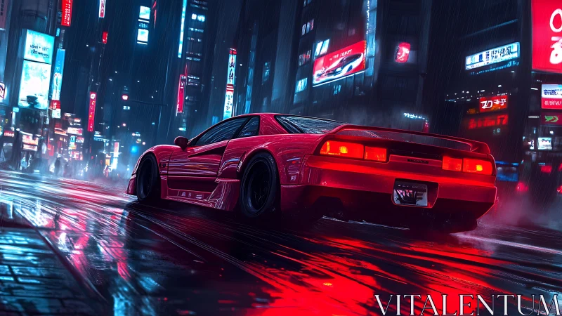 Red sports car moves through wet neon city street at night