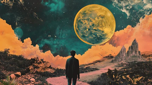 Solitary figure observes colossal luminescent planet in surreal sky