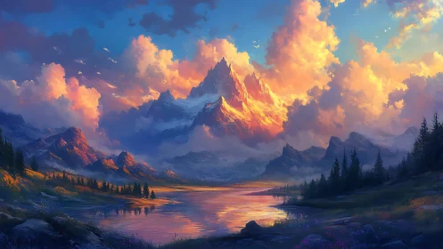 Sunlit alpine peaks blaze above a tranquil reflective lake