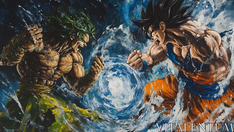 Raging anime warriors clash around swirling energy vortex.