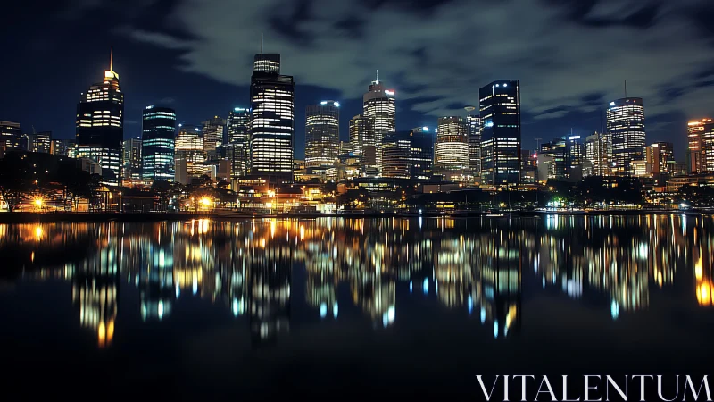 City skyline shows illuminated office towers mirrored on water
