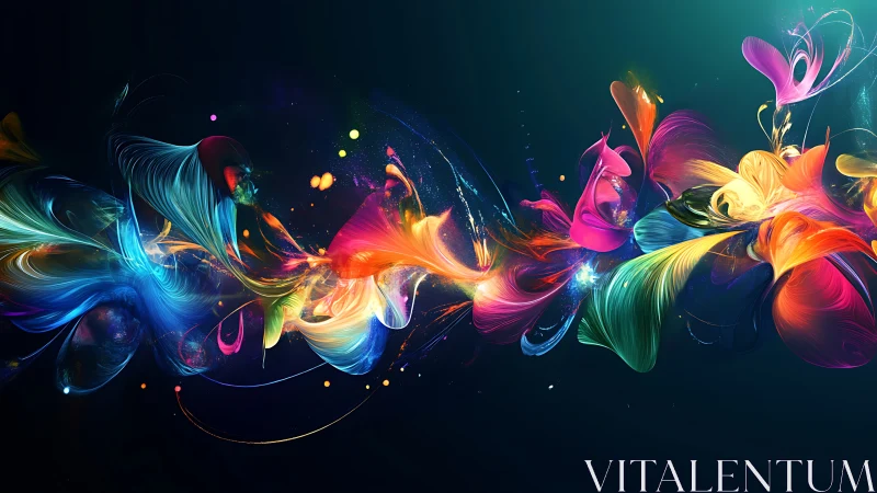 Abstract multicolored light trails on dark gradient background.