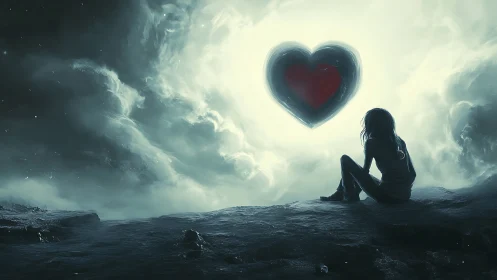 Solitary Figure Gazes at Luminous Heart in Mystic Sky.