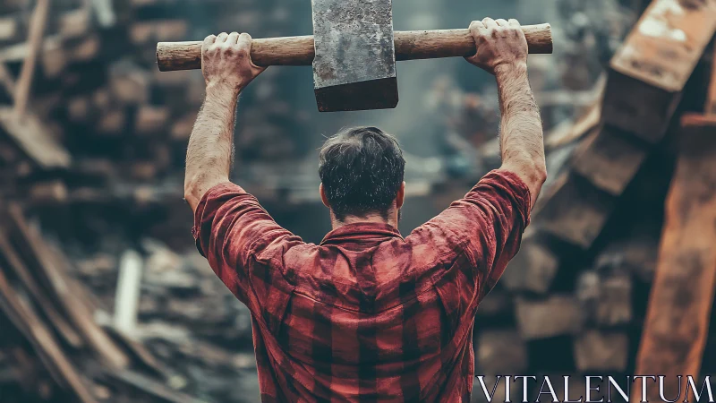 Lumberjack raises heavy sledgehammer before powerful downward swing