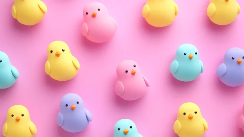Playful pastel bird pattern on smooth pink backdrop.