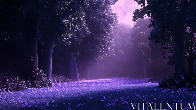 Enchanted Forest Path Glowing in Purple Twilight.