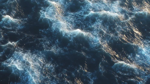 Sunlit ocean waves crash in textured abstract pattern.