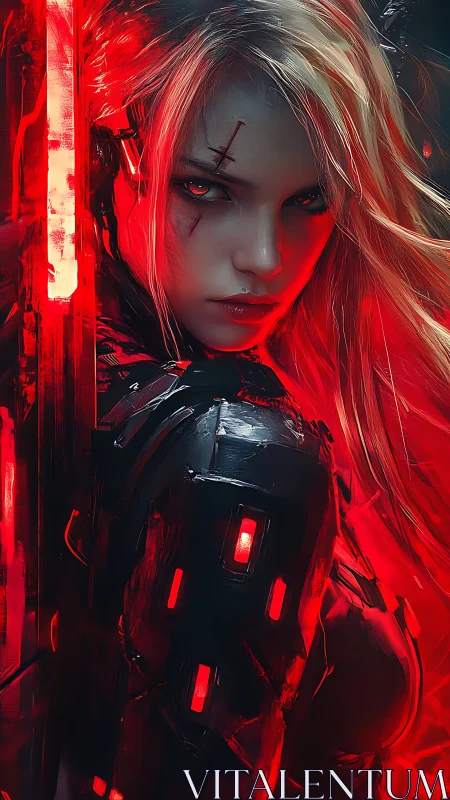 Fierce cyberpunk warrior glowing in molten neon red light.