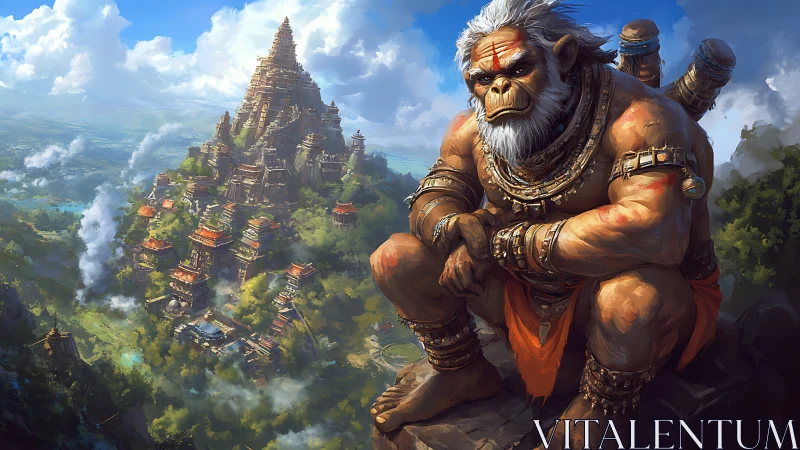 Mountain-top monkey guardian broods above misty temple city.