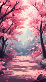 Serene cherry blossom river corridor with distant hazy peaks