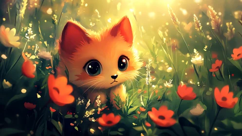 Cute wide eyed fox cub sitting in a glowing flower meadow.
