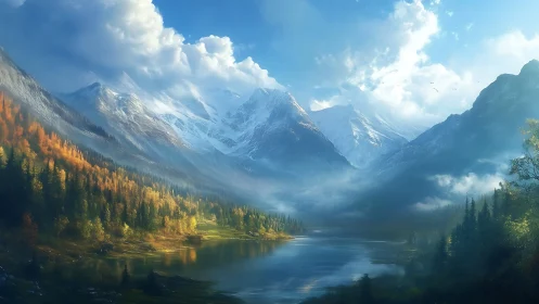 Sunlit alpine lake rests beneath towering snow peaks