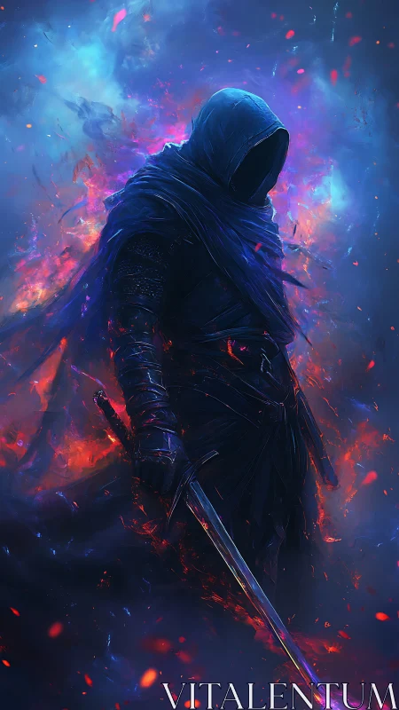 Hooded sword figure amid blue and red energy field.
