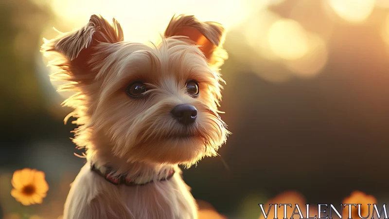 Yorkshire terrier glows in golden hour backlight outdoors.