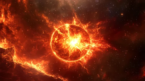Blazing stellar sphere erupting in molten cosmic firestorm.