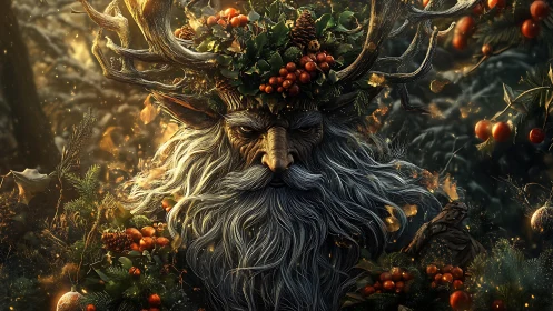 Forest horned spirit portrait with winter foliage and berries