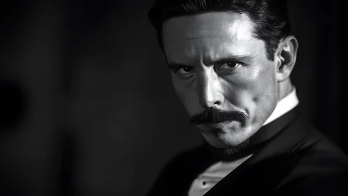 Intense black and white portrait of stern mustached man.