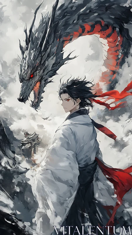 Ink-brushed warrior and dragon in dynamic vertical composition.