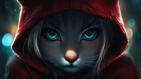 Anthropomorphic cat face stares forward under red hood