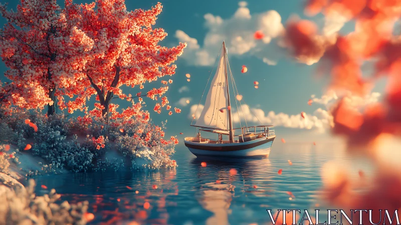 Sailboat drifts beside blossom island under warm sunset sky