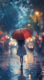 Girl under red umbrella walks through luminous rainy street