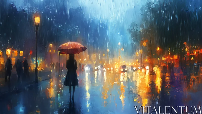 Rain-soaked nocturne with umbrella silhouette and bokeh cityscape.