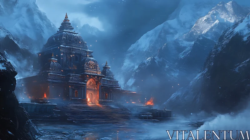 Ancient mountain temple burns with mystical winter fire.
