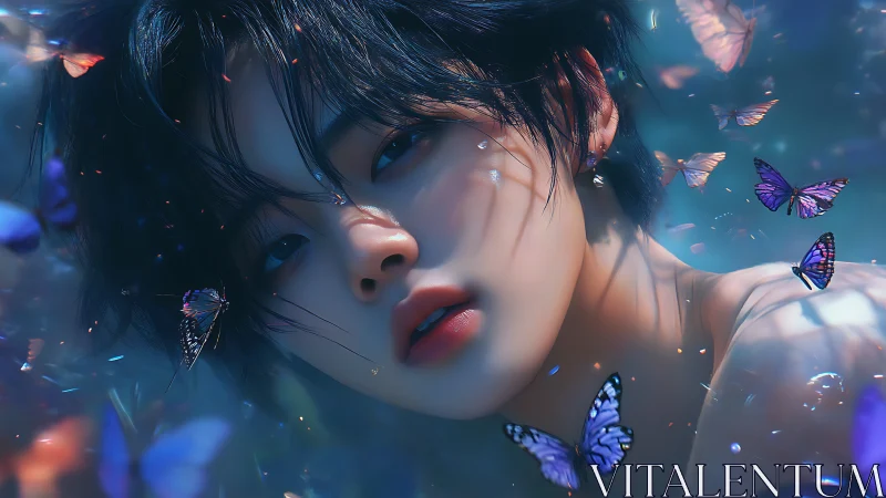 Dreamlit gaze amid drifting violet butterflies in blue dusk.