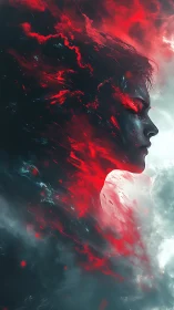 Flaming profile drifts through stormy clouds in bold red light