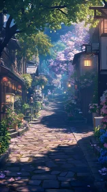 Narrow stone lane with wooden houses and dense spring foliage.